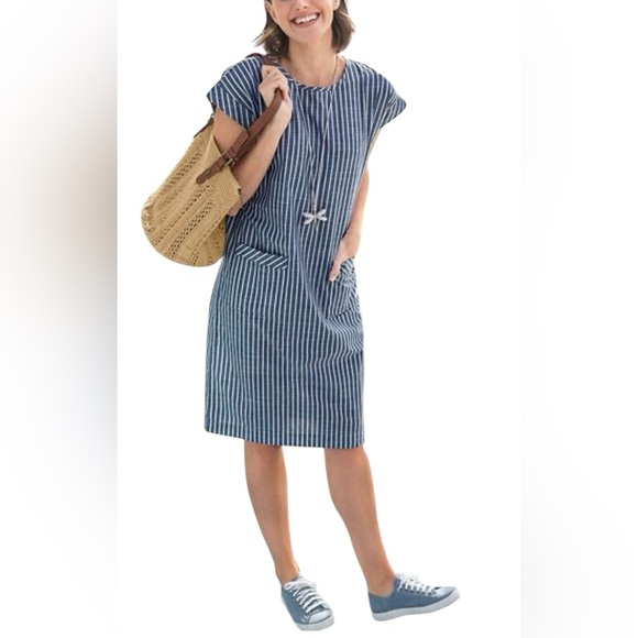 Appleseed's Navy and White Striped Midi Dress with Pockets 100% Cotton 14 - Picture 1 of 7